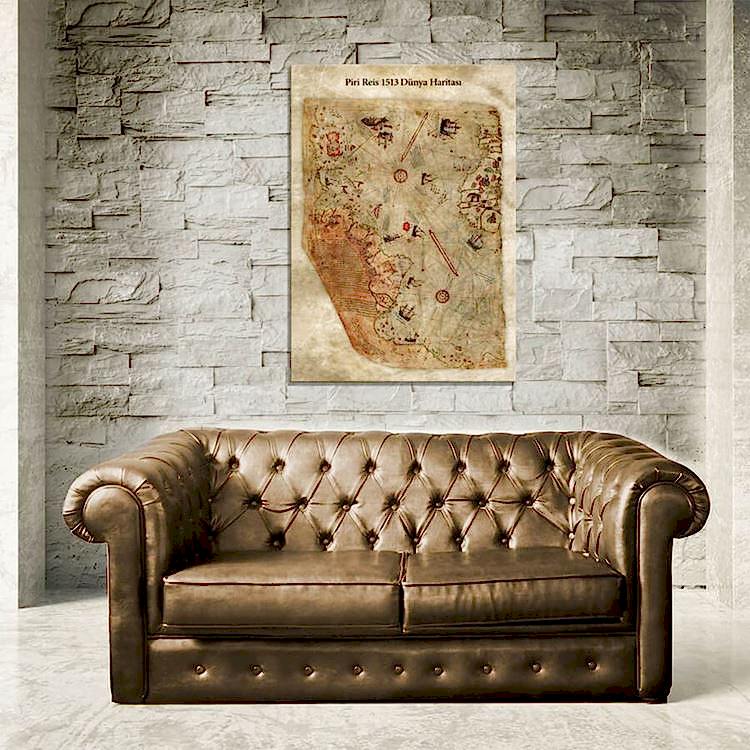 Piri Reis Dünya Haritası Eskitme Zeminli Kanvas Tablo