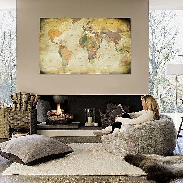 Dünya Haritası Eskitme Kanvas Tablo