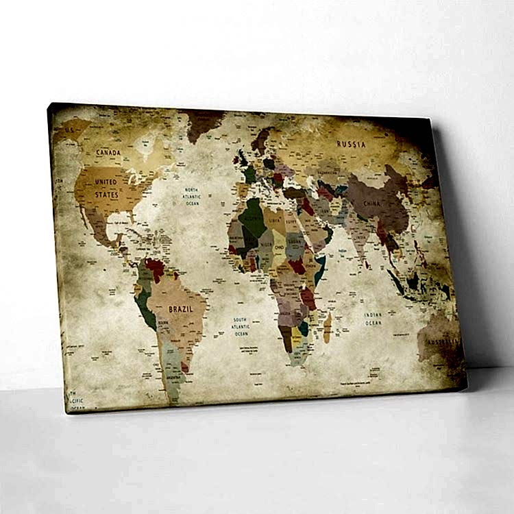 Dünya Haritası Eskitme Kanvas Tablo